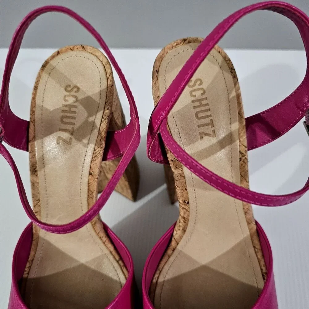 Schutz Glayce Platform Cork Block Heel Sandal Womens 9.5 Hot Pink Leather Chunky